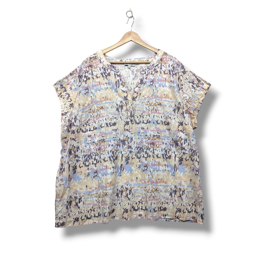 Rose & Rhyme Womens 3X Abstract Print Linen Blend Split Neck Blouse Multicolor